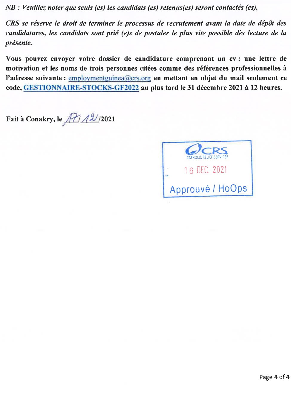 Avis de Recrutement de cinq(5) gestionnaires d’entrepôt pour Kindia, Mamou, Kissidougou, Kankan et Nzérékoré Page 4